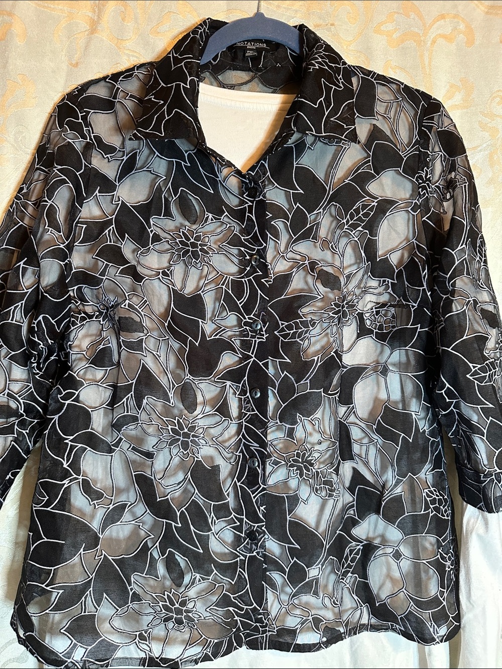 Notations Black Sheer Floral Button-Down Blouse